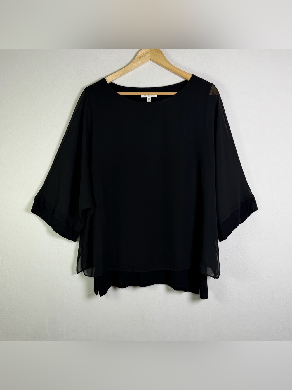 NVELOP Women XL Black Chiffon Overlay Layered Blouse Batwing Dolman Top Made USA - Picture 2 of 8